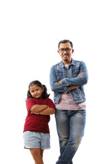 Smiling asian man standing with daughter against white background