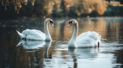 Fototapeta premium Pair of beautiful white swans swimming in pond at daytime