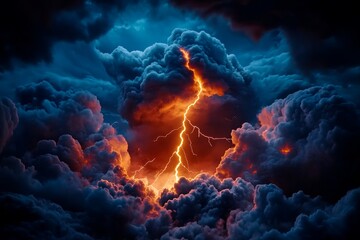 Fototapeta premium Cloud cinematic drama is captured in a low-angle shot of a stormy sky with lightning illuminating the dark clouds, creating a powerful and intense visual