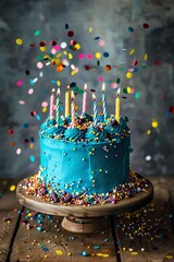 Blue birthday cake with colorful candles and sprinkles, confetti falling, wooden table