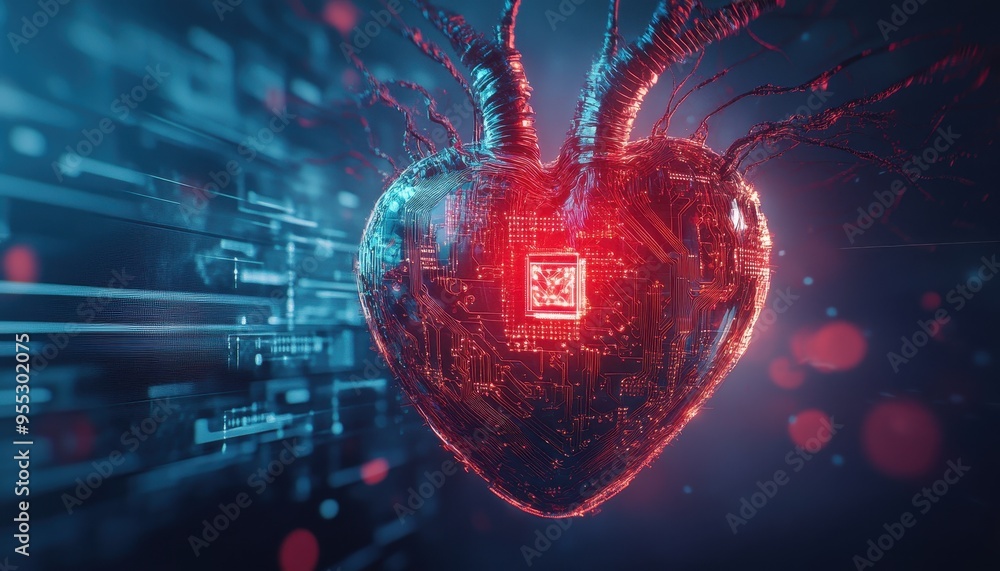 Poster techno-heart fusion: abstract artwork of glowing digital circuits and neural threads symbolizing tec