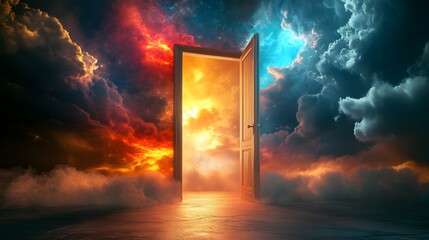 An open door leading to the sky, with colorful clouds swirling around it and light streaming through the window onto an empty floor below