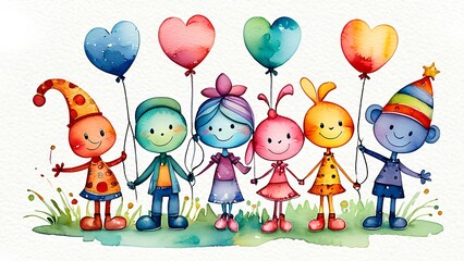 Fototapeta premium Friendship cartoon character design, watercolor