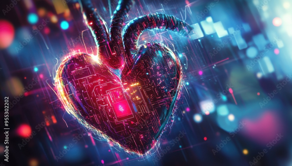 Poster heart of technology: abstract artwork of glowing digital circuits and neural threads