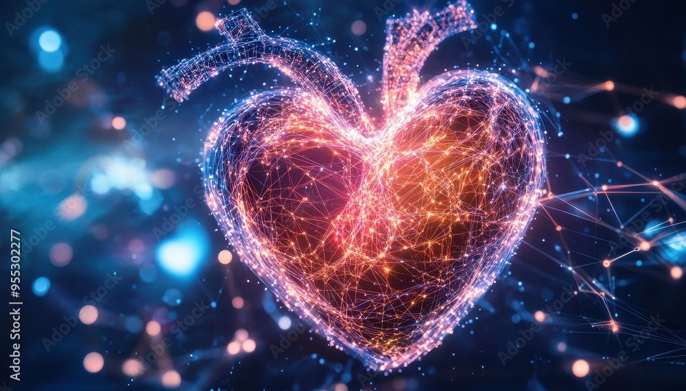 Poster digital love connection: abstract artwork of glowing heart with neural threads and circuits