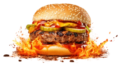 PNG Spicy burger with fiery flames