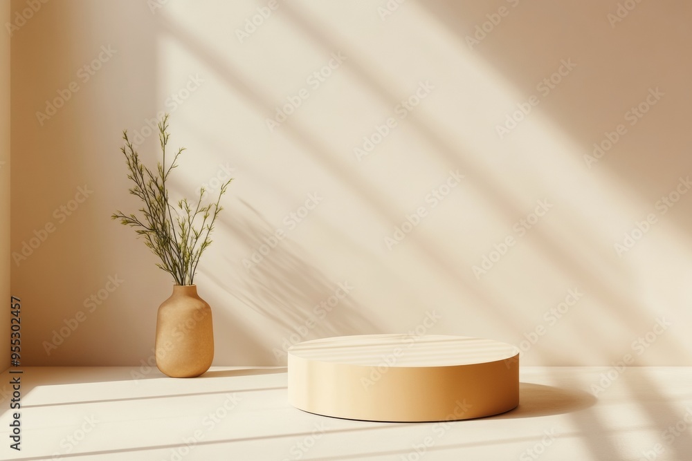 Poster Minimalist Cream Podium Mockup with Diffused Natural Lighting and Subtle Shadows, Ideal for Product Display