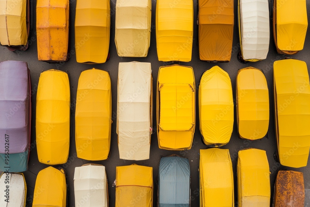 Poster Aerial View of Symmetrical and Geometric Pattern of Yellow Coats Bright and Detailed Arrangement with Textured Background