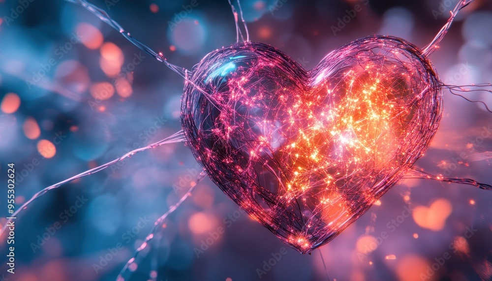 Poster illuminated neural connection: abstract heart symbolizing nervous system, creativity, and ai