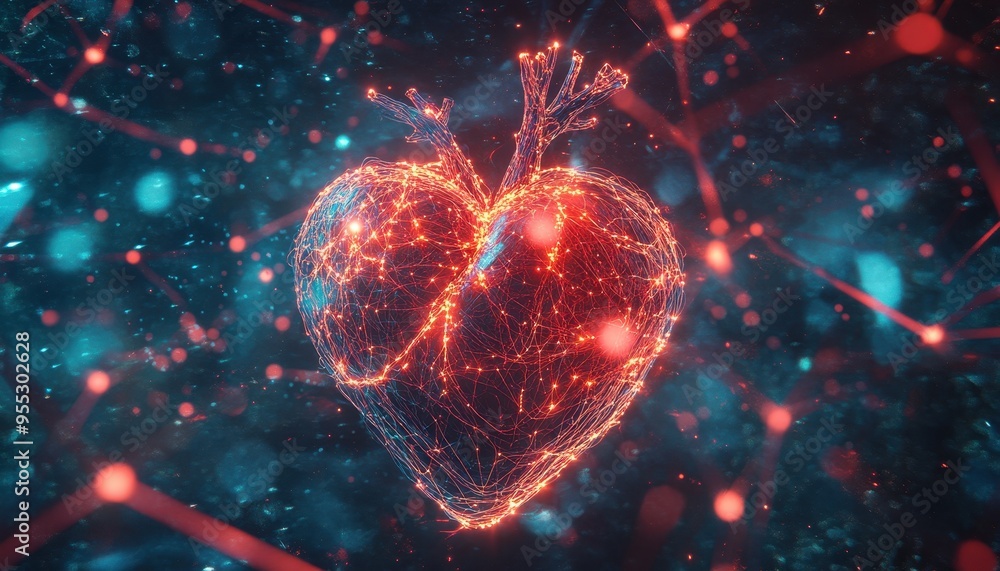 Poster neural connections: abstract heart with luminous threads representing nervous system, creativity, an