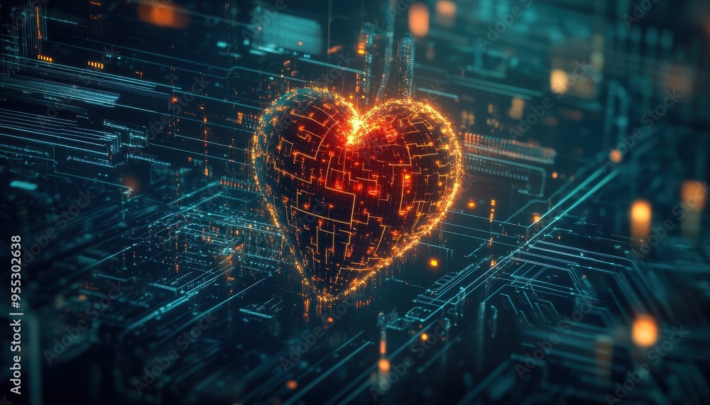 Poster illuminated heart: fusion of imagination and artificial intelligence in futuristic digital network