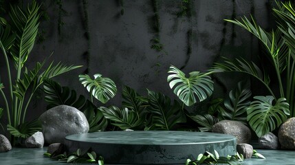 Wooden podium amidst lush tropical forest, perfect for product display.