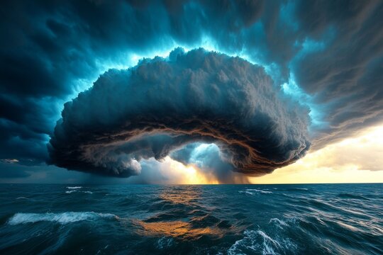 Cloud cinematic rolling clouds are showcased in a realistic photo of a thunderstorm approaching over the ocean, with the waves reflecting the dark clouds above
