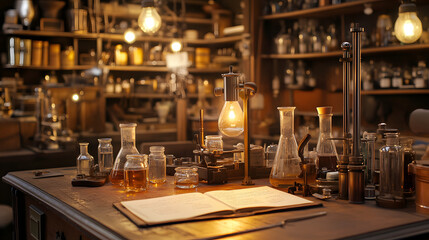 Vintage Chemistry Lab Filled with Beakers and Journals