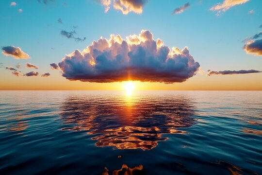 Cloud cinematic serenity is showcased in a realistic photo of soft, rolling clouds reflecting off a calm lake at dawn, with the horizon bathed in a gentle, golden light
