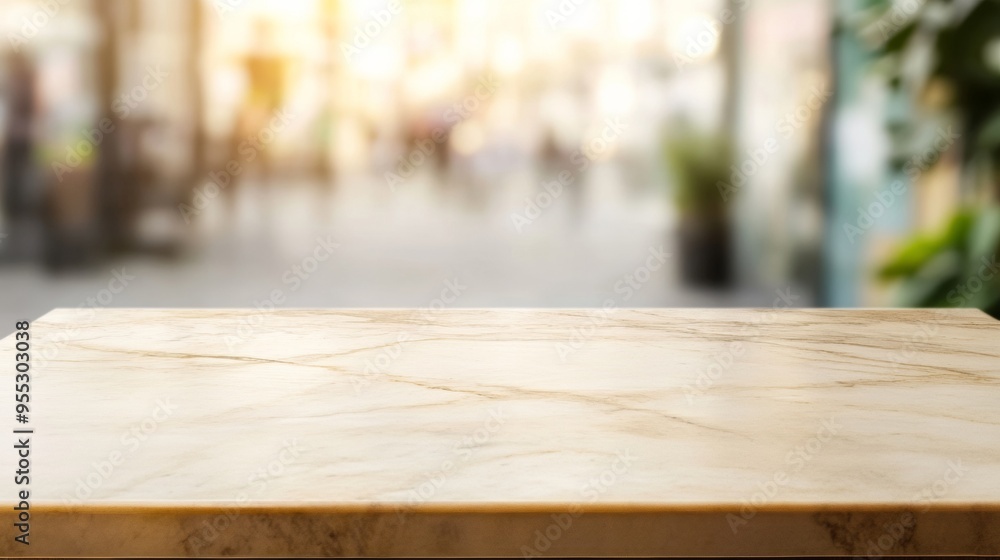Poster elegant soft cream marble table for product display in modern indoor fashion setting - warm ambient 
