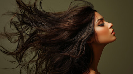 Naklejka premium A profile of a young woman with dark loose hair blowing in the air, highlighting her refined look and elongated facial features on a neutral background