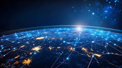 Interconnected Global Connectivity with Glowing Digital Nodes and Lines on Planet Earth at Night