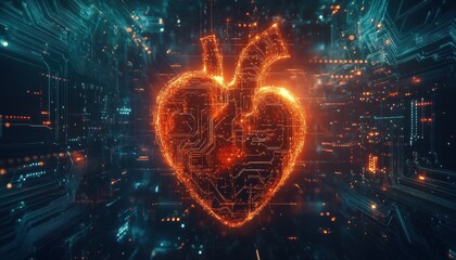 'Cybernetic Connection: Glowing Heart Integrated with Digital Circuits'