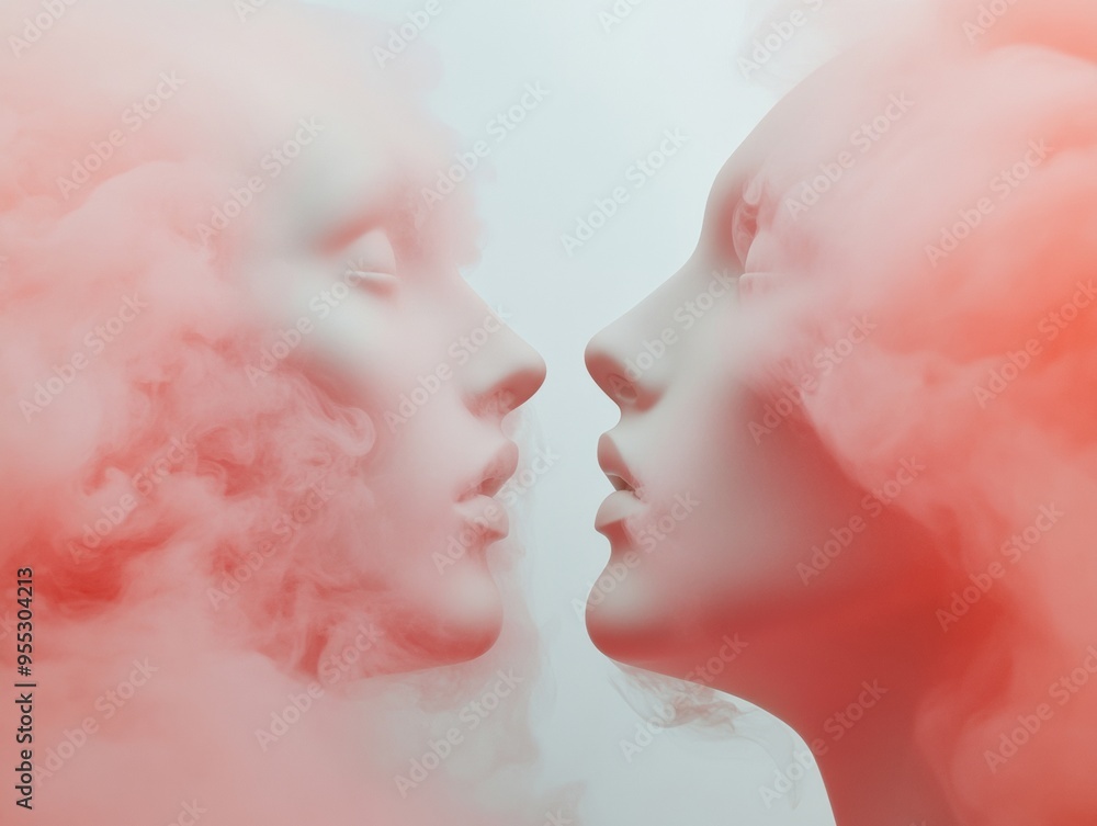 Aufkleber Surreal Abstract Mannequin Heads in Red Smoke - Long Exposure with Symmetrical Blurring and Smooth Tones Creating an Ethereal Mood - High Definition