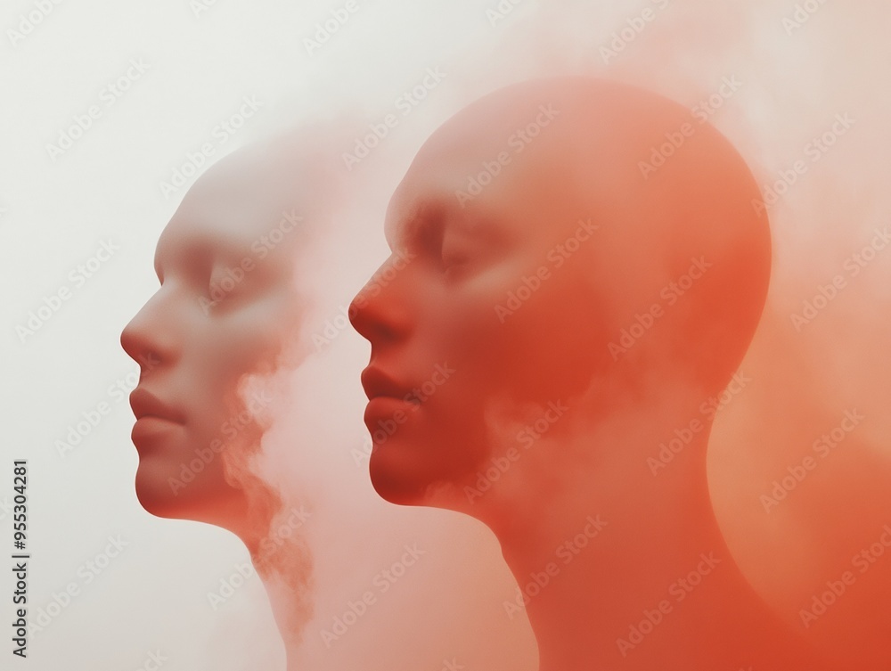 Aufkleber surreal abstract blurry mannequin heads in red smoke with soft white background – high definition ab
