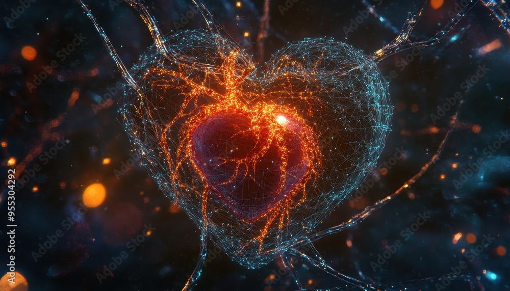 Poster digital heart connection: blending creativity, science, and ai in a glowing neural web