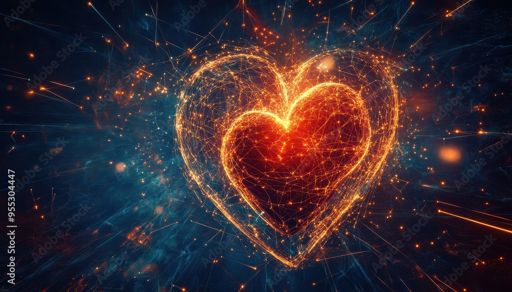 Poster ethereal heart: imaginative fusion of neural network and ai light.