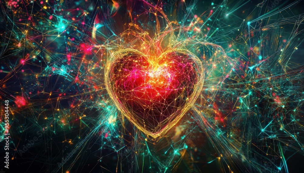 Poster fusion of imagination and artificial intelligence: surreal heart with neural network glowing connect