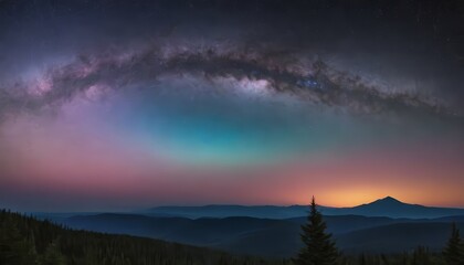 Fototapeta premium A silhouette of a mountain range with the Milky Way galaxy and a sunrise in the distance.