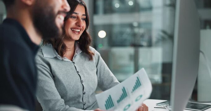 Business, people and high five in office with computer or document with graphs for financial reports or review. Teamwork, collaboration and happy or excited with project success and achievement
