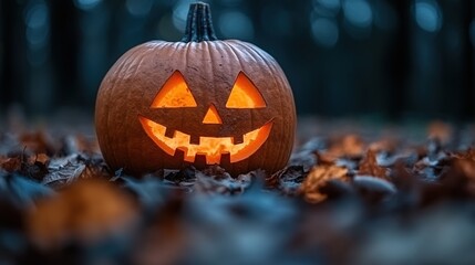Fototapeta premium A brightly lit jack-o'-lantern with a cheerful, carved face sits among autumn leaves in a forest, creating a warm and festive Halloween atmosphere