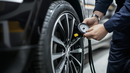 Obraz premium A professional tire technician checking the air pressure of a newly installed summer tire, ensuring the vehicle is road-ready. Ai generated