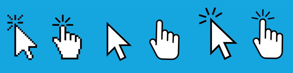 Cursor icons set. Cursor set in hand, arrow and mouse forms, mouse click cursor set, arrow and hand pointer. Vector illustration