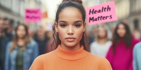 Young Latina Woman Advocating for Mental Health Awareness During a Diverse Public Demonstration in Urban Setting, Daytime
