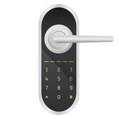 Door handle with number dialing. Metallic gradient, intercom, call, black glass, modern design, interior, decor item, furniture, lock, magnet, remote control, smart home app, security system, key card