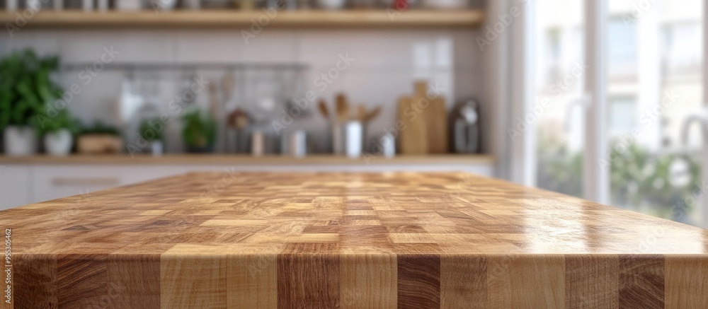 Poster 3d rendering of a selective focus end grain wood countertop featuring a cutting board set against a 
