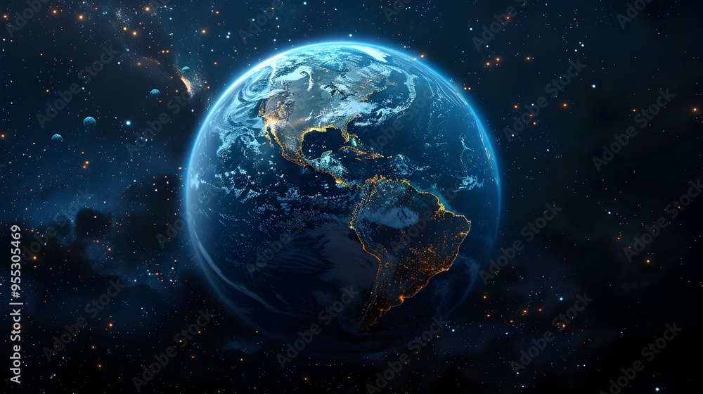 Poster futuristic and technologically advanced planet earth with utopian cities and infrastructure