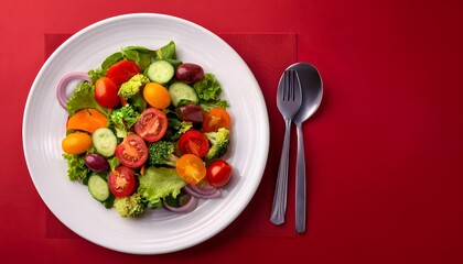 Top view a white plate Special delicious various kinds of vegetable healthy salad  on the red abstract background. Copy Space, World Food Day concepts