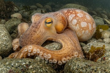 A Brown Octopus Resting Among Rocks on the Ocean Floor