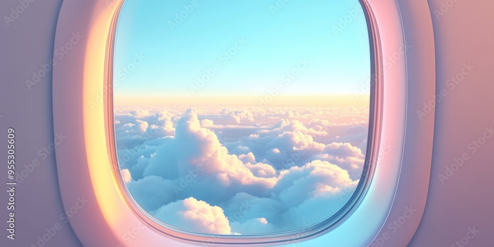 Poster 3d rendering of blue sky and clouds seen through an airplane window