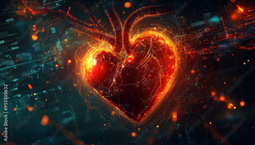 Poster techno-organic fusion: glowing heart in neural network of ai circuits - concept of science, creativi