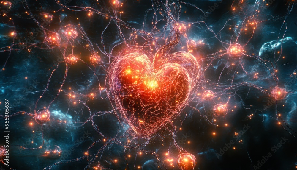 Poster cybernetic heart: fusion of science and creativity in futuristic ai network