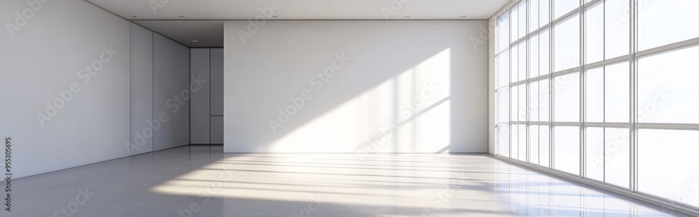 Poster 3d rendering of a minimalist interior design featuring an empty room with windows showcasing abstrac
