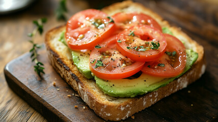 A slice of toasted sourdough bread topped with creamy avocado and bright red tomato slices, captured on a wooden table with natural lighting