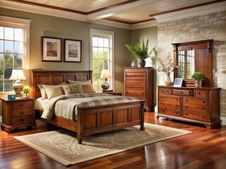 Fototapeta premium Sophisticated and welcoming, the solid wood bedroom set creates a haven of comfort and tranquility in a spacious