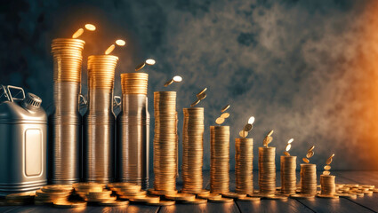 Stacks of gold coins with a background of financial trading graphs