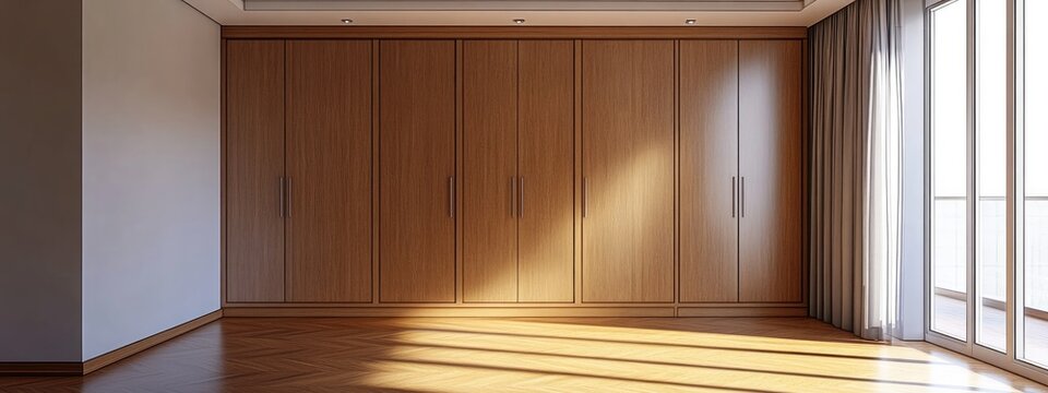 3D rendering of an empty room featuring a built in wooden wardrobe with four sapele wood doors and laminate flooring