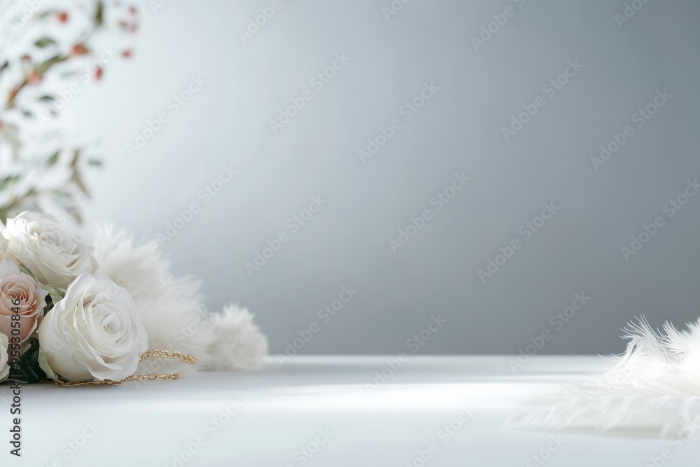 Poster elegant white silk table with gold chain, roses, and feathers in a surreal setting – serene and calm