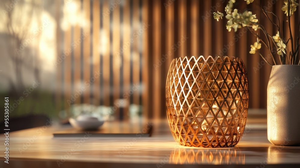 Poster 3d rendering of a copper lattice design in an interior setting