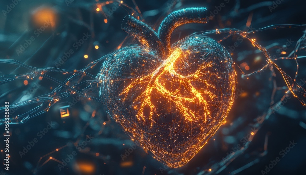 Poster techno-organic fusion: glowing heart in neural network of ai circuits - conceptual image of science 